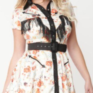 Unique Vintage 1950s Cream & Floral Print Madeline Swing Dress